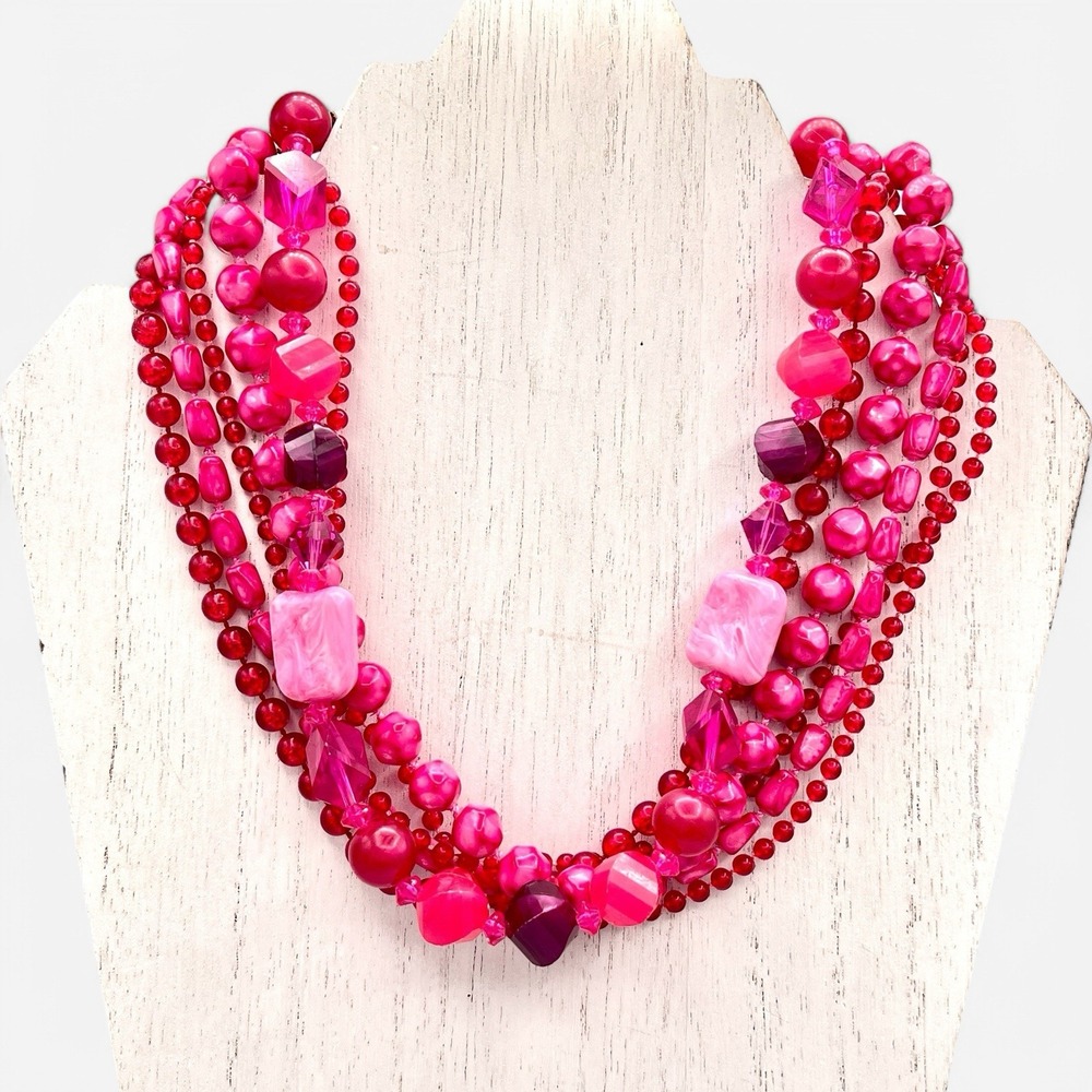 Vintage Kramer Necklace Pink Red Lucite Beaded Gold Rhinestone Clasp 6 Strand